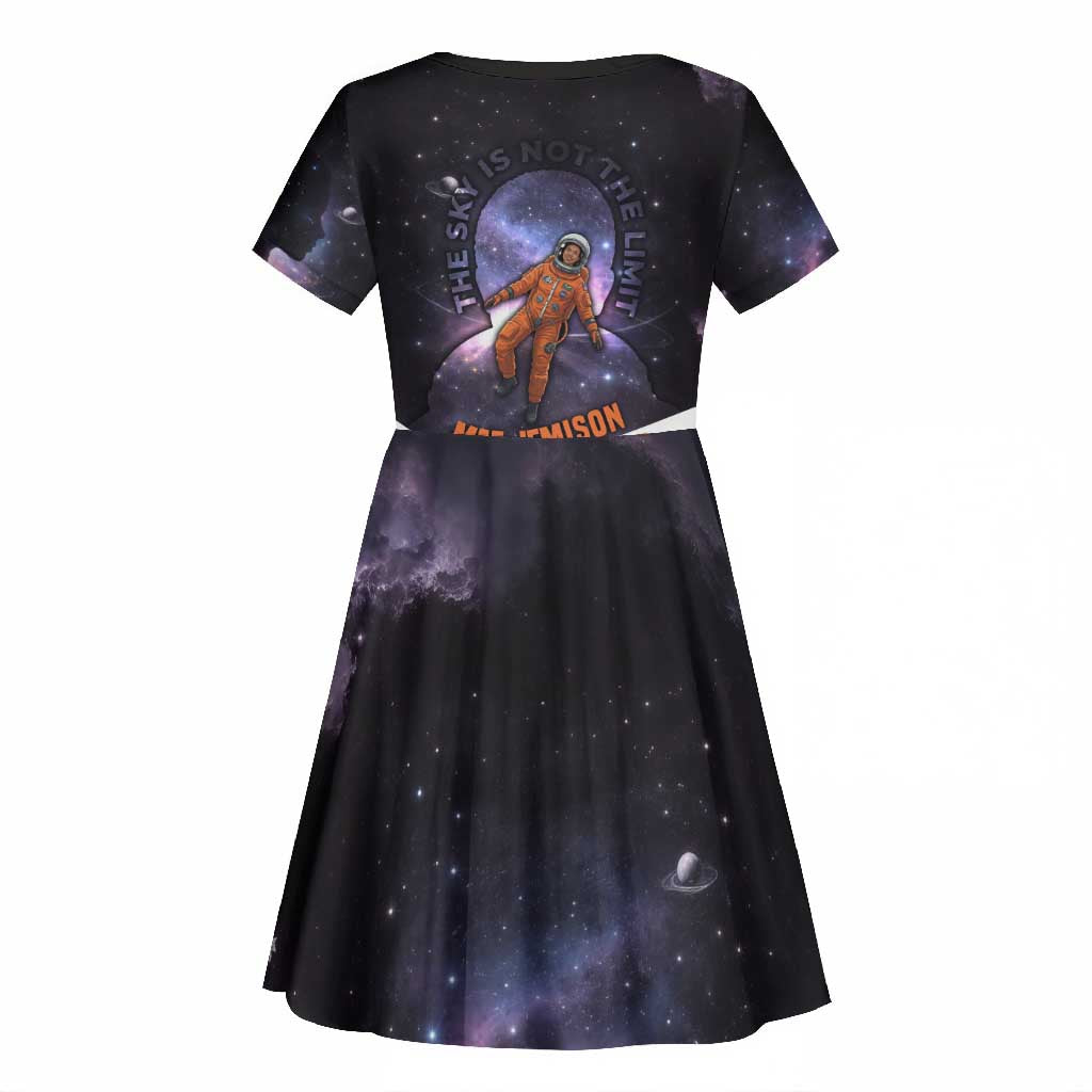 Mae Jemison Kid Short Sleeve Dress Cartoon Astronaut Portrait, The Sky Is Not the Limit Quote and Galaxy Dreamer - African Pride