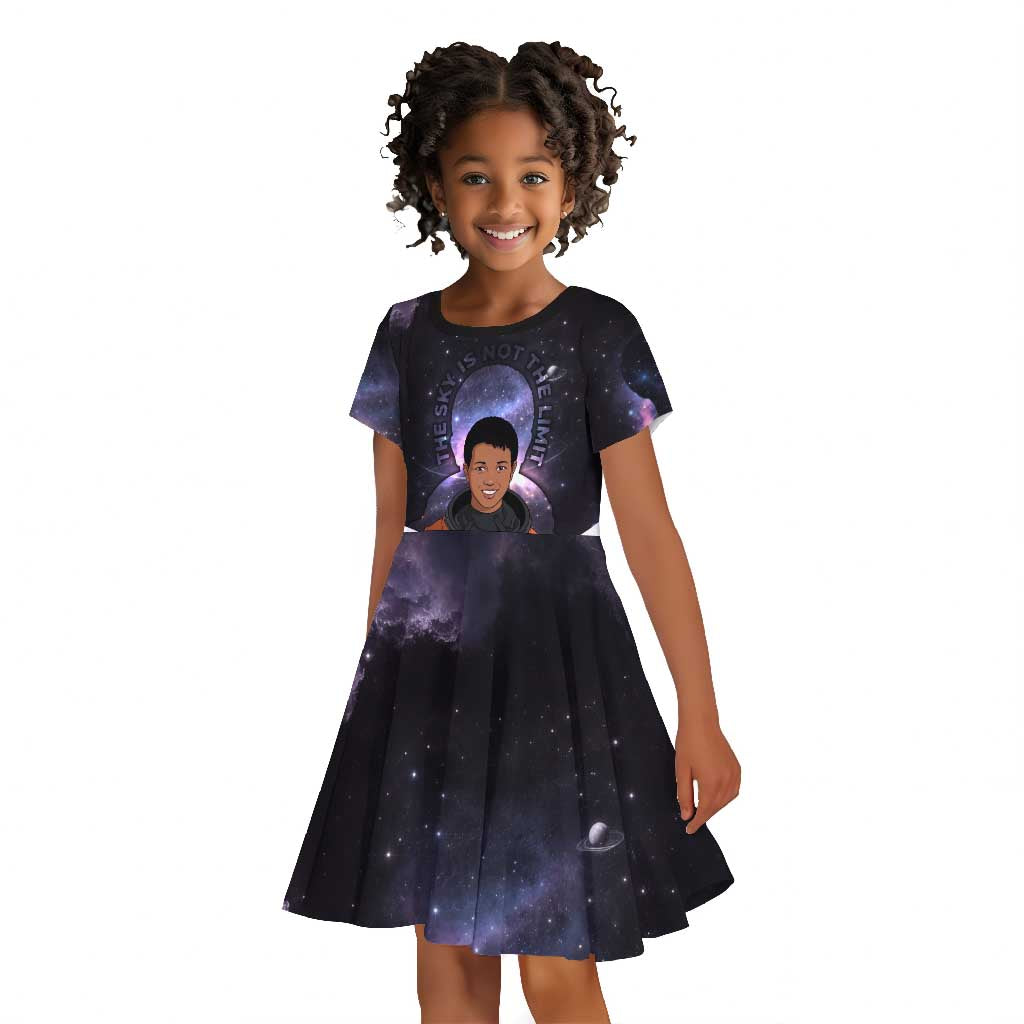 Mae Jemison Kid Short Sleeve Dress Cartoon Astronaut Portrait, The Sky Is Not the Limit Quote and Galaxy Dreamer - African Pride