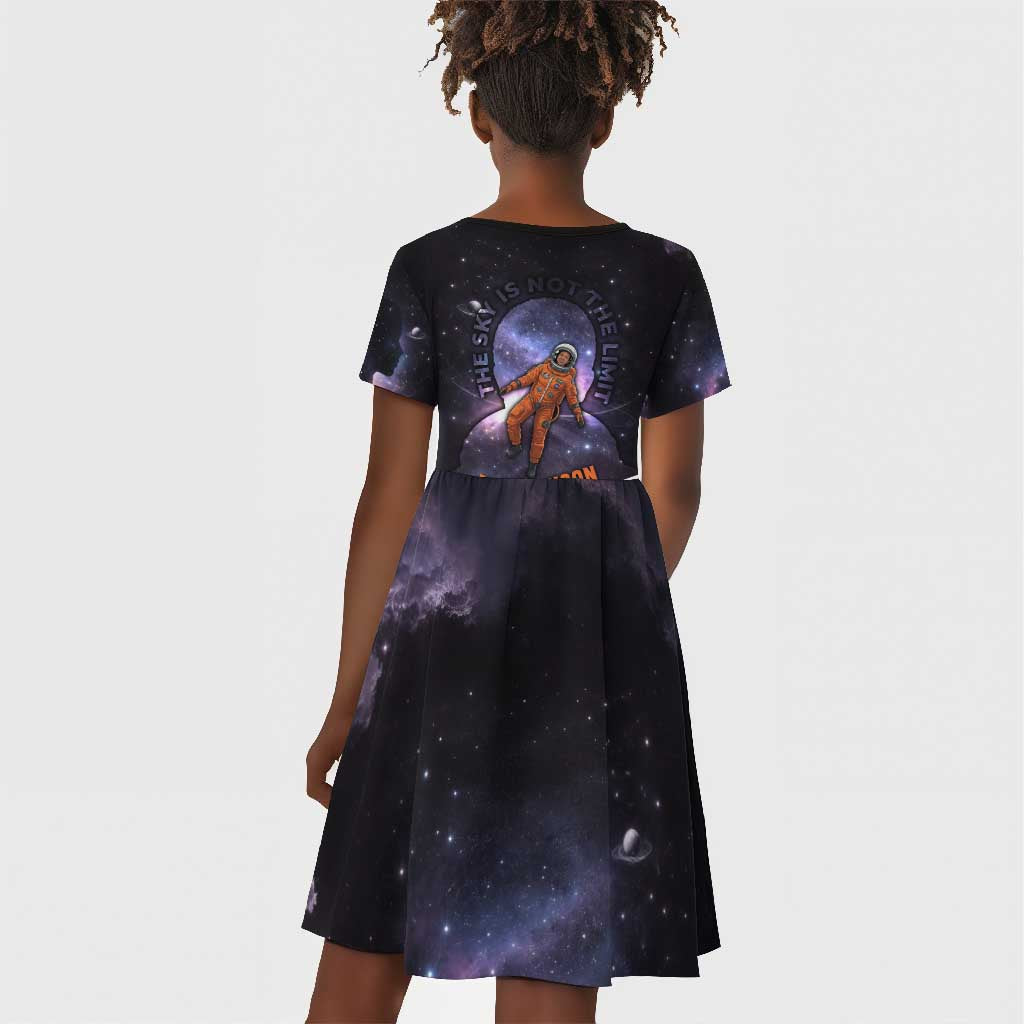 Mae Jemison Kid Short Sleeve Dress Cartoon Astronaut Portrait, The Sky Is Not the Limit Quote and Galaxy Dreamer - African Pride