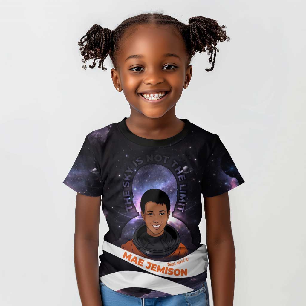 Mae Jemison Kid T shirt Cartoon Astronaut Portrait, The Sky Is Not the Limit Quote and Galaxy Dreamer - African Pride