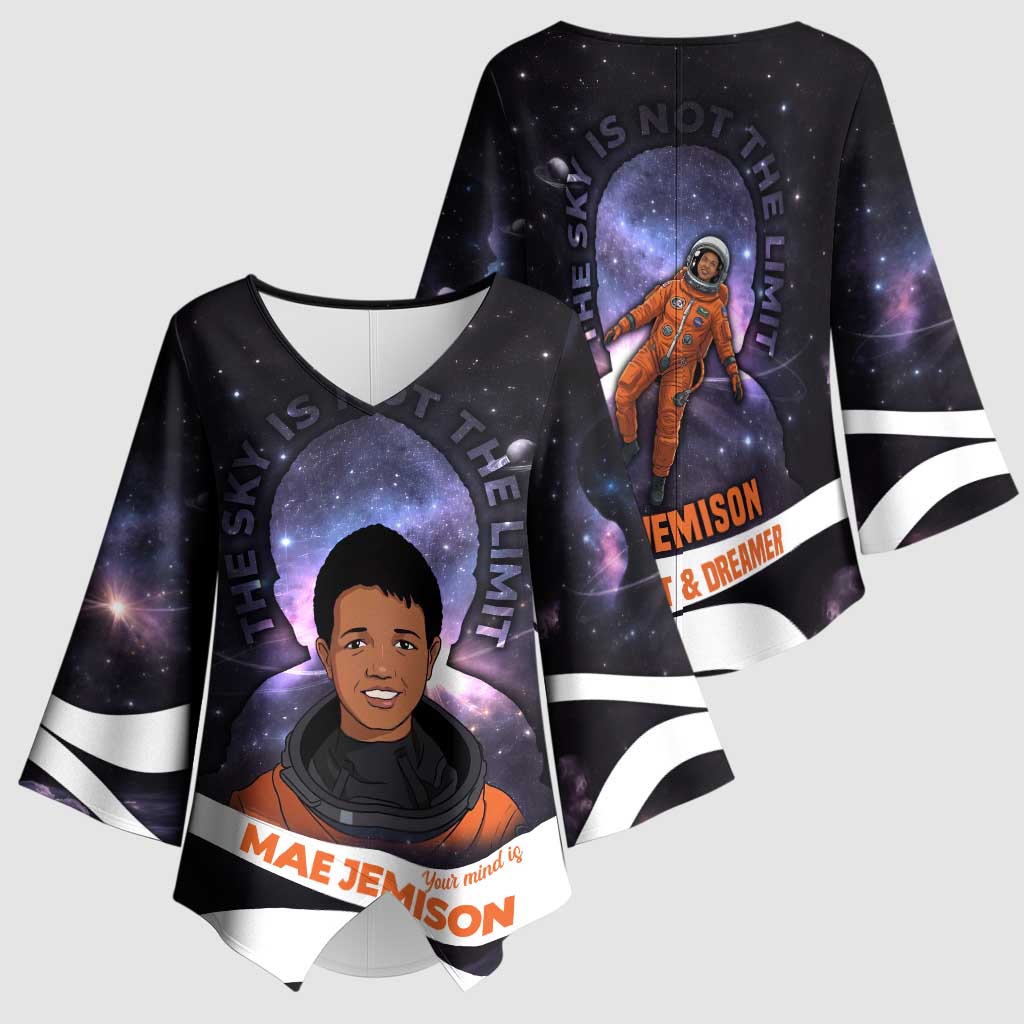 Mae Jemison Kimono Sleeve Blouse Cartoon Astronaut Portrait, The Sky Is Not the Limit Quote and Galaxy Dreamer - African Pride