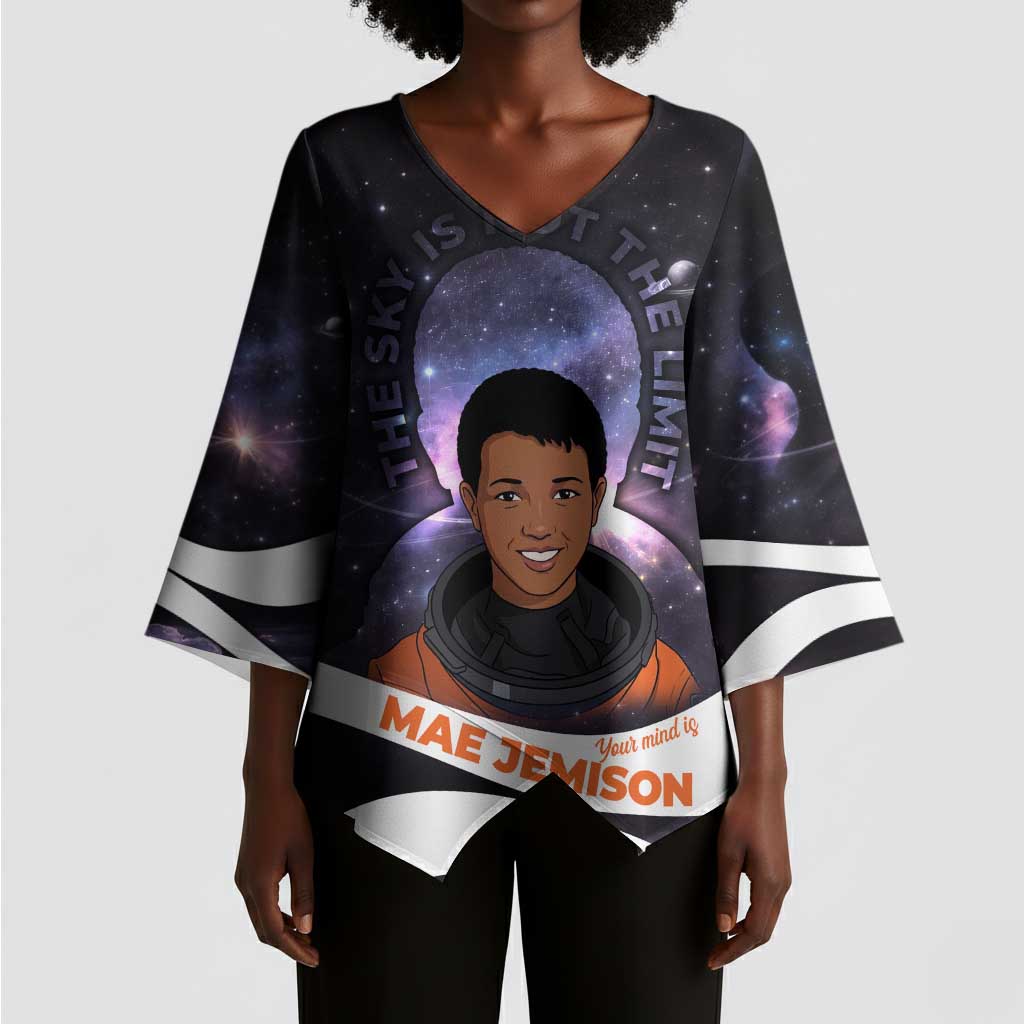 Mae Jemison Kimono Sleeve Blouse Cartoon Astronaut Portrait, The Sky Is Not the Limit Quote and Galaxy Dreamer - African Pride