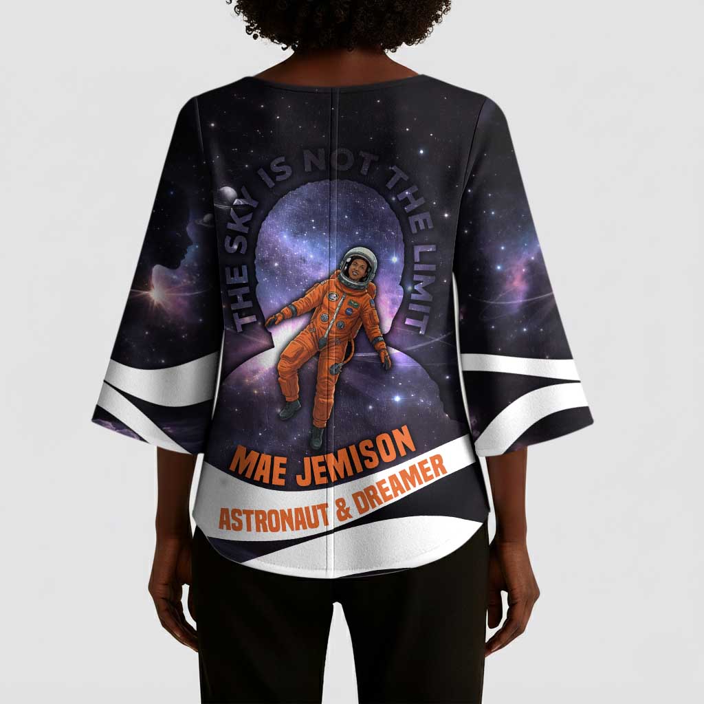 Mae Jemison Kimono Sleeve Blouse Cartoon Astronaut Portrait, The Sky Is Not the Limit Quote and Galaxy Dreamer - African Pride