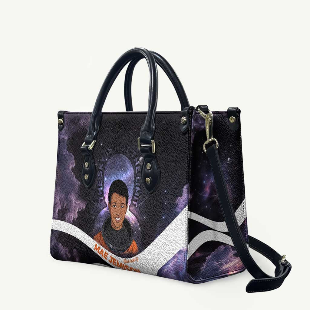Mae Jemison Leather Bag Cartoon Astronaut Portrait, The Sky Is Not the Limit Quote and Galaxy Dreamer - African Pride