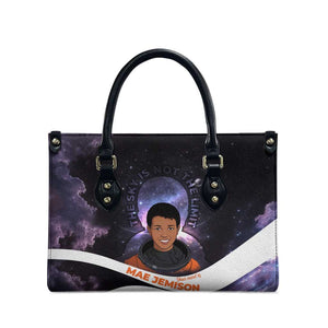 Mae Jemison Leather Bag Cartoon Astronaut Portrait, The Sky Is Not the Limit Quote and Galaxy Dreamer - African Pride