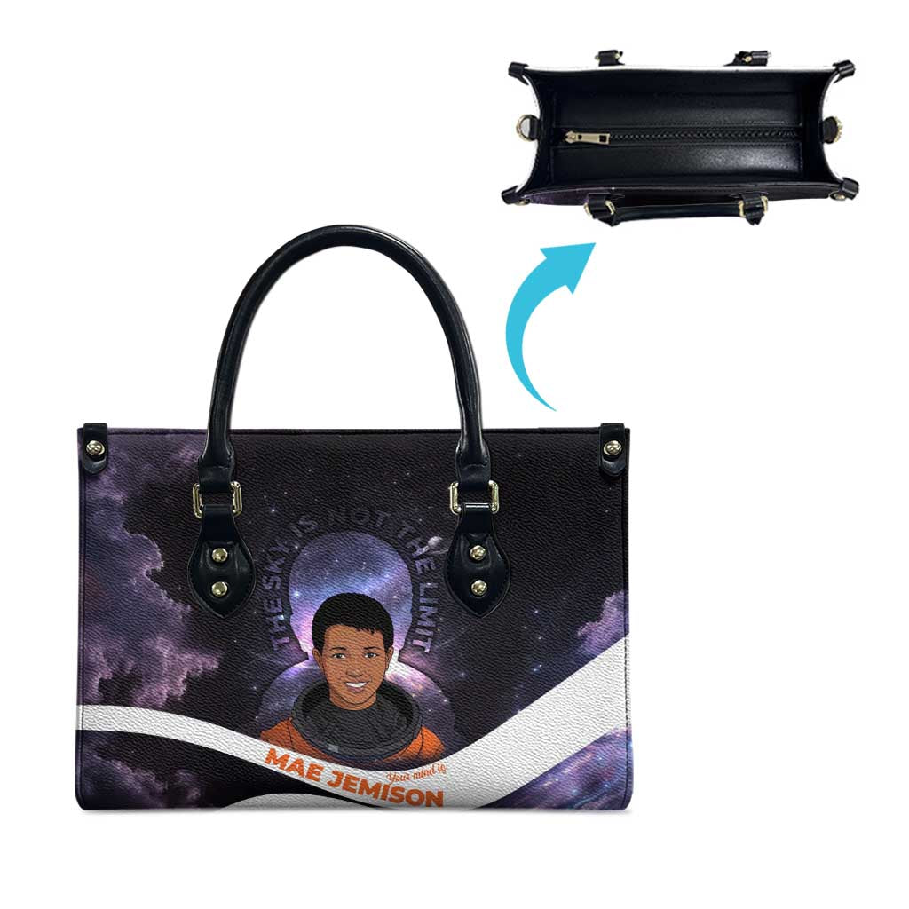 Mae Jemison Leather Bag Cartoon Astronaut Portrait, The Sky Is Not the Limit Quote and Galaxy Dreamer - African Pride