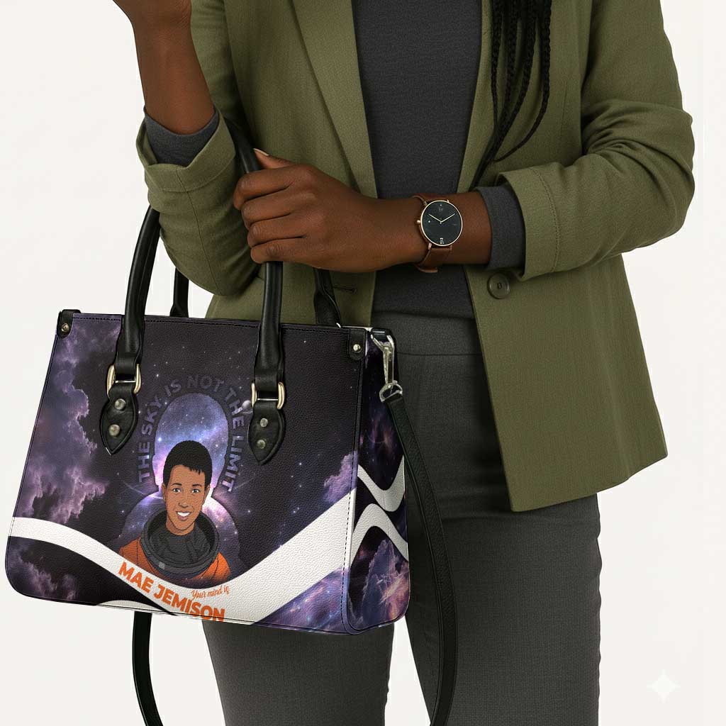 Mae Jemison Leather Bag Cartoon Astronaut Portrait, The Sky Is Not the Limit Quote and Galaxy Dreamer - African Pride