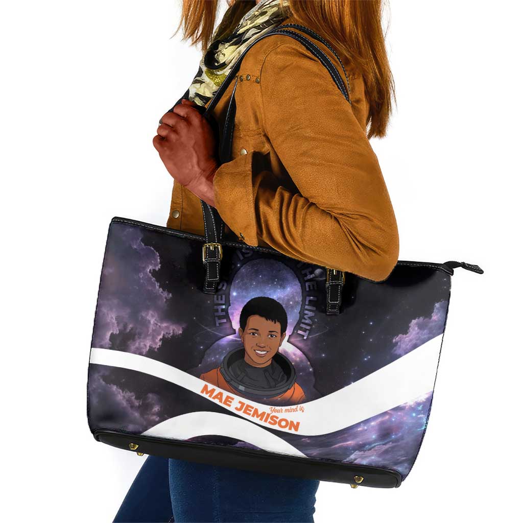 Mae Jemison Leather Tote Bag Cartoon Astronaut Portrait, The Sky Is Not the Limit Quote and Galaxy Dreamer - African Pride