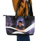 Mae Jemison Leather Tote Bag Cartoon Astronaut Portrait, The Sky Is Not the Limit Quote and Galaxy Dreamer - African Pride