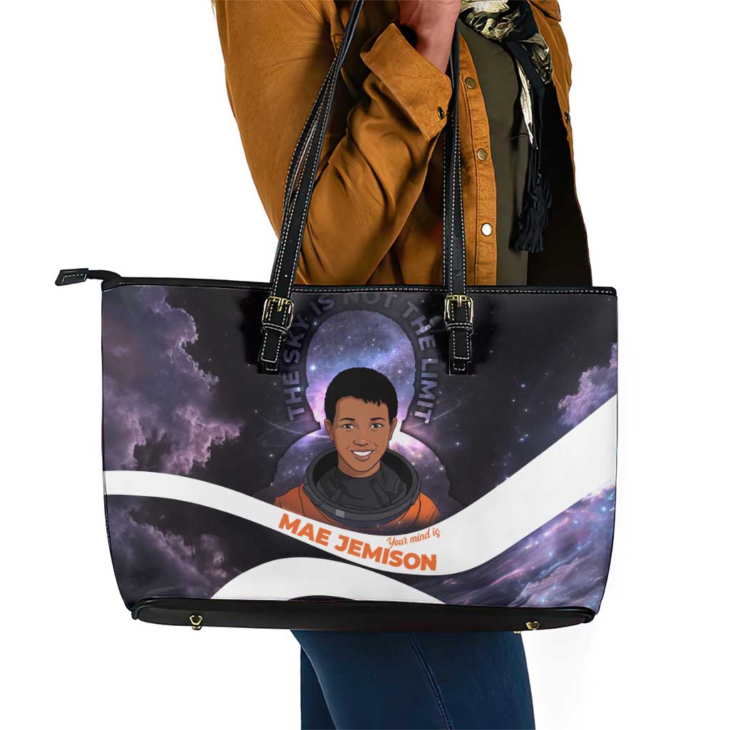 Mae Jemison Leather Tote Bag Cartoon Astronaut Portrait, The Sky Is Not the Limit Quote and Galaxy Dreamer - African Pride