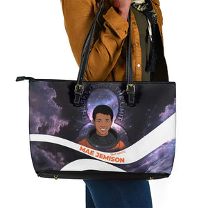 Mae Jemison Leather Tote Bag Cartoon Astronaut Portrait, The Sky Is Not the Limit Quote and Galaxy Dreamer - African Pride