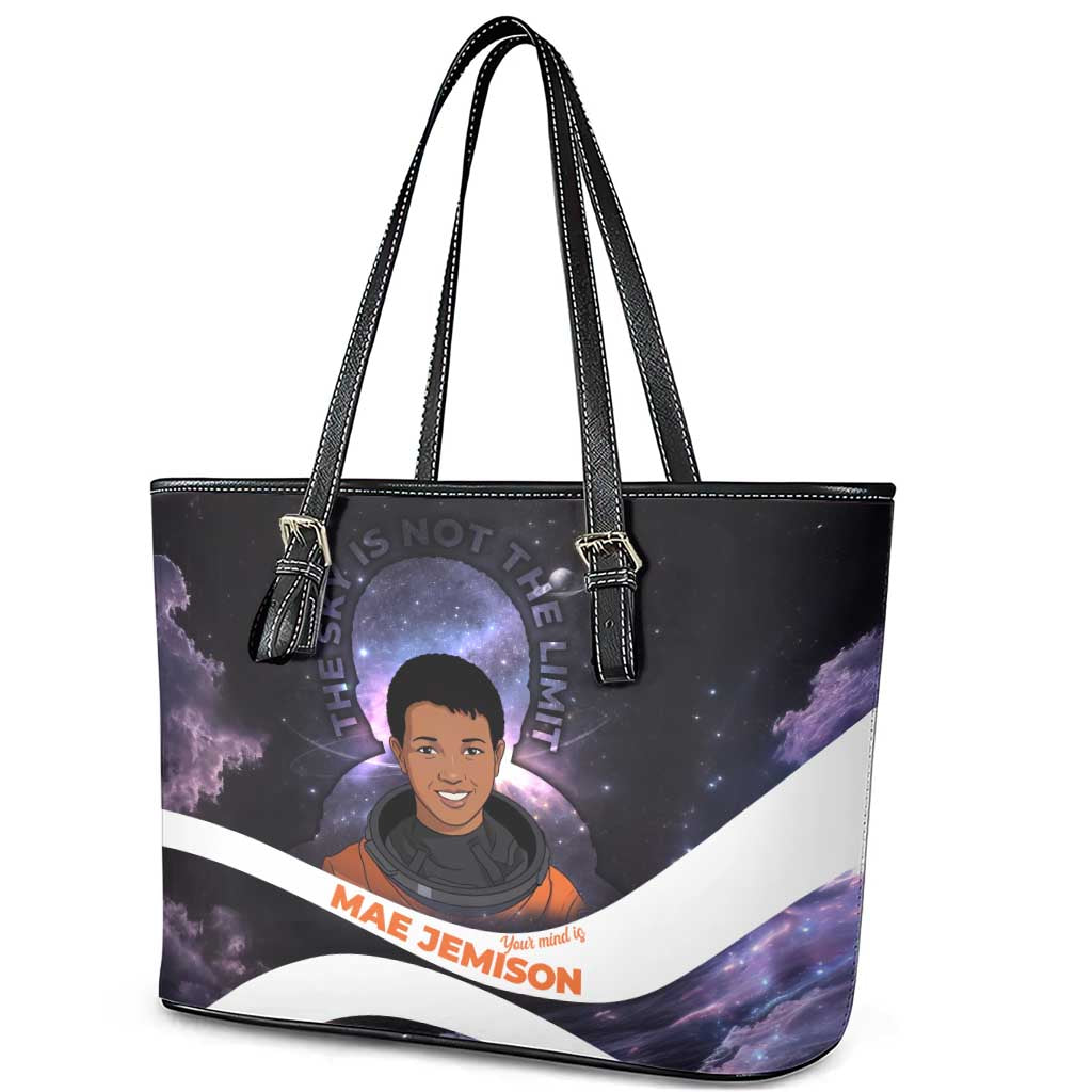 Mae Jemison Leather Tote Bag Cartoon Astronaut Portrait, The Sky Is Not the Limit Quote and Galaxy Dreamer - African Pride