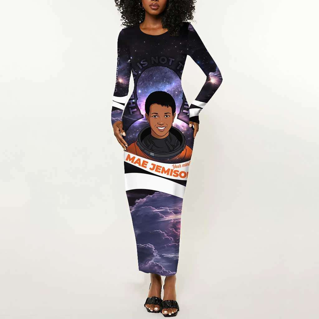 Mae Jemison Long Sleeve Bodycon Dress Cartoon Astronaut Portrait, The Sky Is Not the Limit Quote and Galaxy Dreamer - African Pride