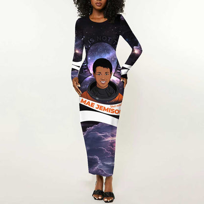 Mae Jemison Long Sleeve Bodycon Dress Cartoon Astronaut Portrait, The Sky Is Not the Limit Quote and Galaxy Dreamer - African Pride