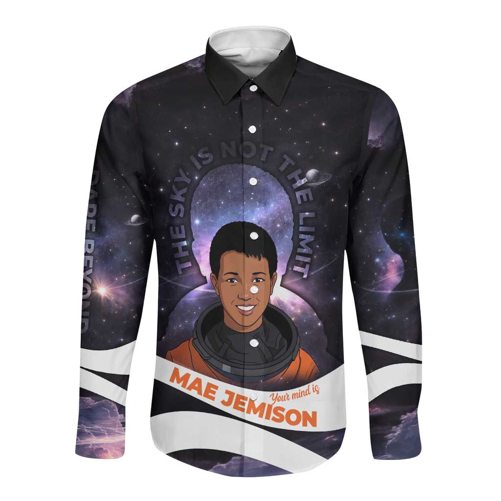 Mae Jemison Long Sleeve Button Shirt Cartoon Astronaut Portrait, The Sky Is Not the Limit Quote and Galaxy Dreamer - African Pride
