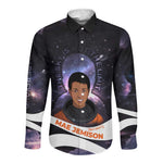 Mae Jemison Long Sleeve Button Shirt Cartoon Astronaut Portrait, The Sky Is Not the Limit Quote and Galaxy Dreamer - African Pride