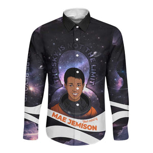 Mae Jemison Long Sleeve Button Shirt Cartoon Astronaut Portrait, The Sky Is Not the Limit Quote and Galaxy Dreamer - African Pride