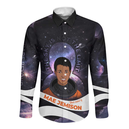 Mae Jemison Long Sleeve Button Shirt Cartoon Astronaut Portrait, The Sky Is Not the Limit Quote and Galaxy Dreamer - African Pride