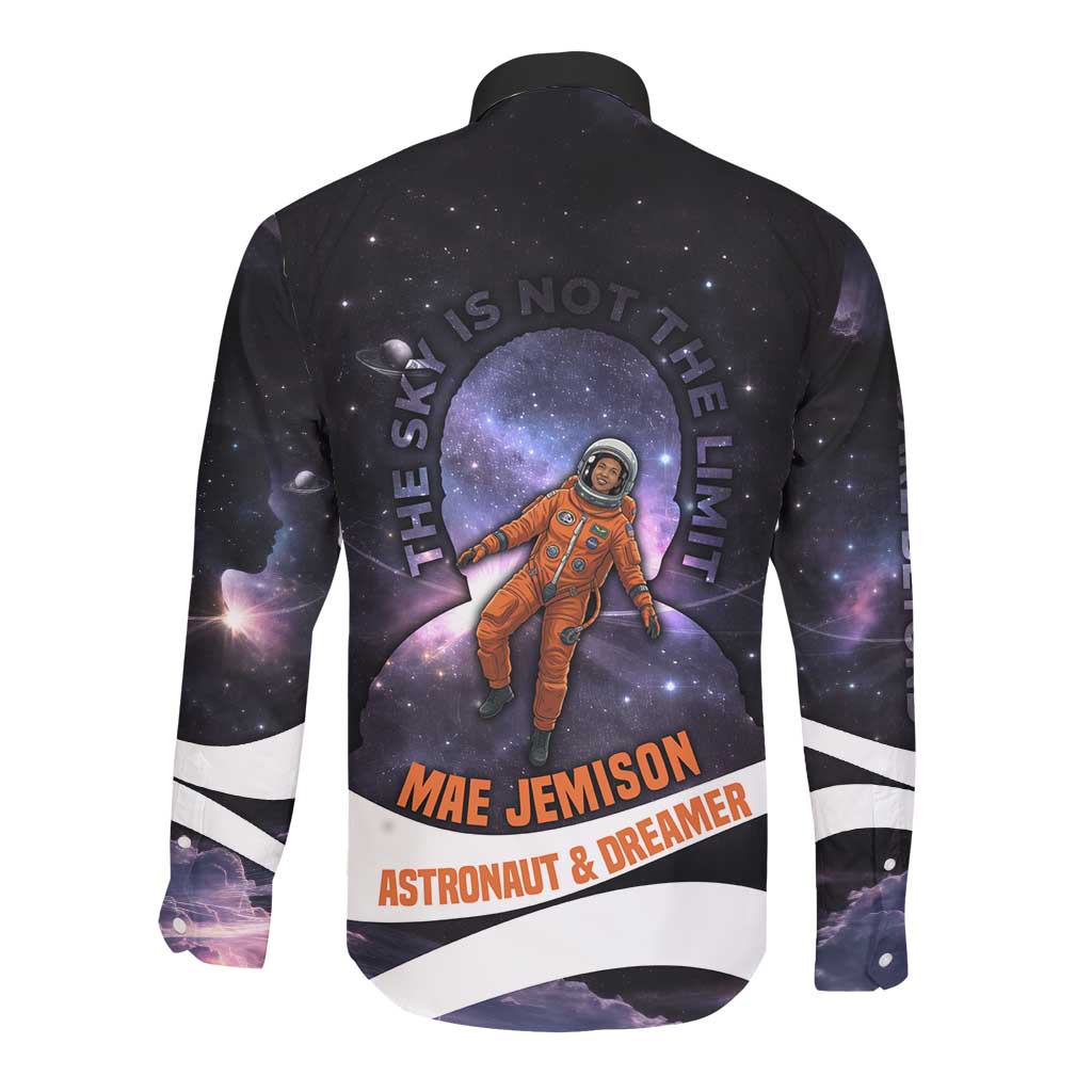 Mae Jemison Long Sleeve Button Shirt Cartoon Astronaut Portrait, The Sky Is Not the Limit Quote and Galaxy Dreamer - African Pride