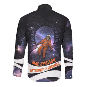 Mae Jemison Long Sleeve Button Shirt Cartoon Astronaut Portrait, The Sky Is Not the Limit Quote and Galaxy Dreamer - African Pride