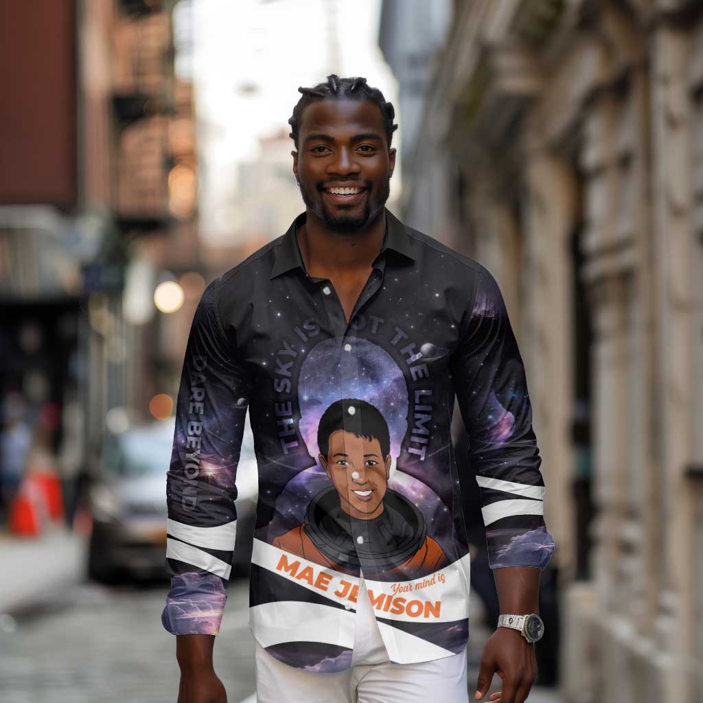 Mae Jemison Long Sleeve Button Shirt Cartoon Astronaut Portrait, The Sky Is Not the Limit Quote and Galaxy Dreamer - African Pride