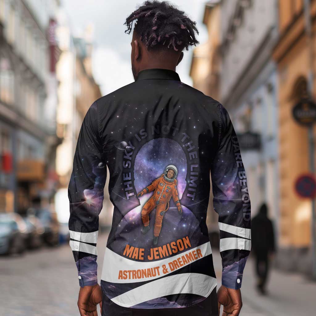 Mae Jemison Long Sleeve Button Shirt Cartoon Astronaut Portrait, The Sky Is Not the Limit Quote and Galaxy Dreamer - African Pride