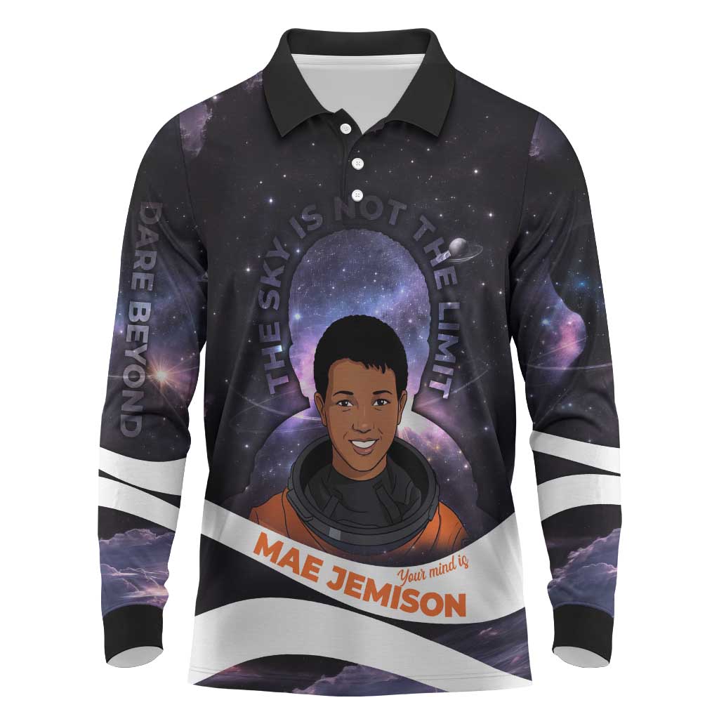 Mae Jemison Long Sleeve Polo Shirt Cartoon Astronaut Portrait, The Sky Is Not the Limit Quote and Galaxy Dreamer - African Pride