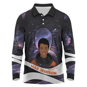 Mae Jemison Long Sleeve Polo Shirt Cartoon Astronaut Portrait, The Sky Is Not the Limit Quote and Galaxy Dreamer - African Pride