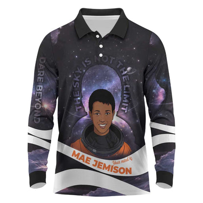 Mae Jemison Long Sleeve Polo Shirt Cartoon Astronaut Portrait, The Sky Is Not the Limit Quote and Galaxy Dreamer - African Pride