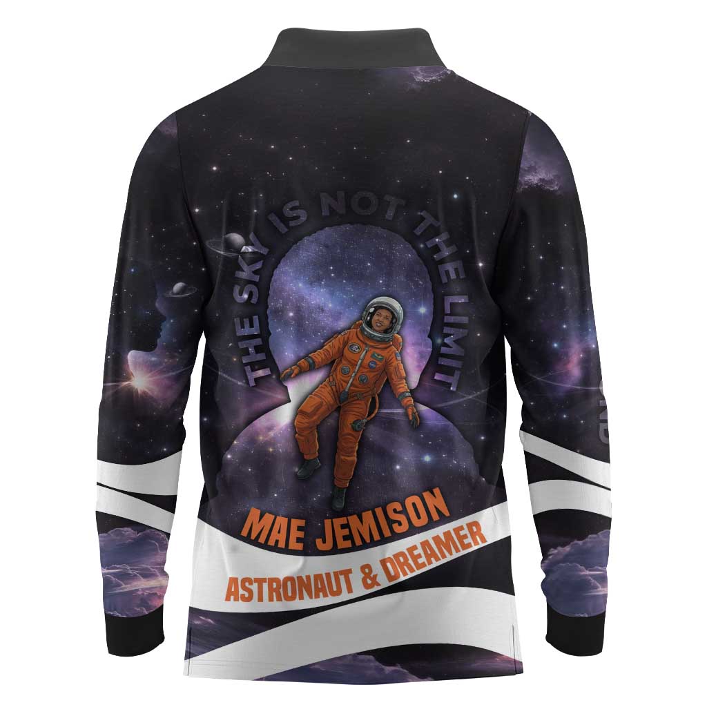 Mae Jemison Long Sleeve Polo Shirt Cartoon Astronaut Portrait, The Sky Is Not the Limit Quote and Galaxy Dreamer - African Pride