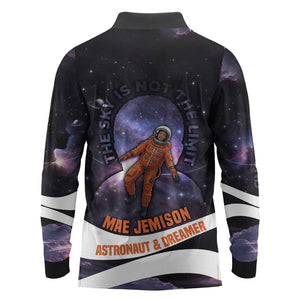 Mae Jemison Long Sleeve Polo Shirt Cartoon Astronaut Portrait, The Sky Is Not the Limit Quote and Galaxy Dreamer - African Pride