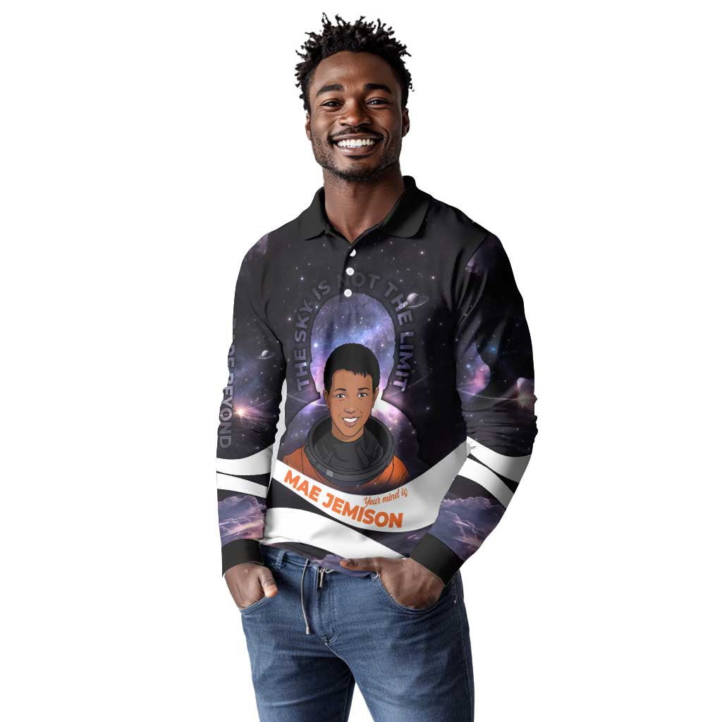 Mae Jemison Long Sleeve Polo Shirt Cartoon Astronaut Portrait, The Sky Is Not the Limit Quote and Galaxy Dreamer - African Pride