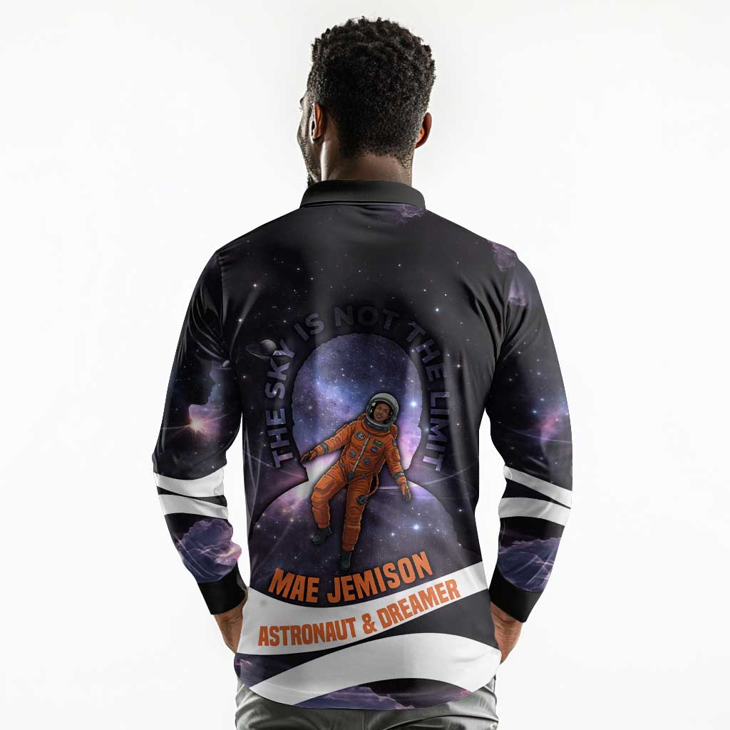 Mae Jemison Long Sleeve Polo Shirt Cartoon Astronaut Portrait, The Sky Is Not the Limit Quote and Galaxy Dreamer - African Pride