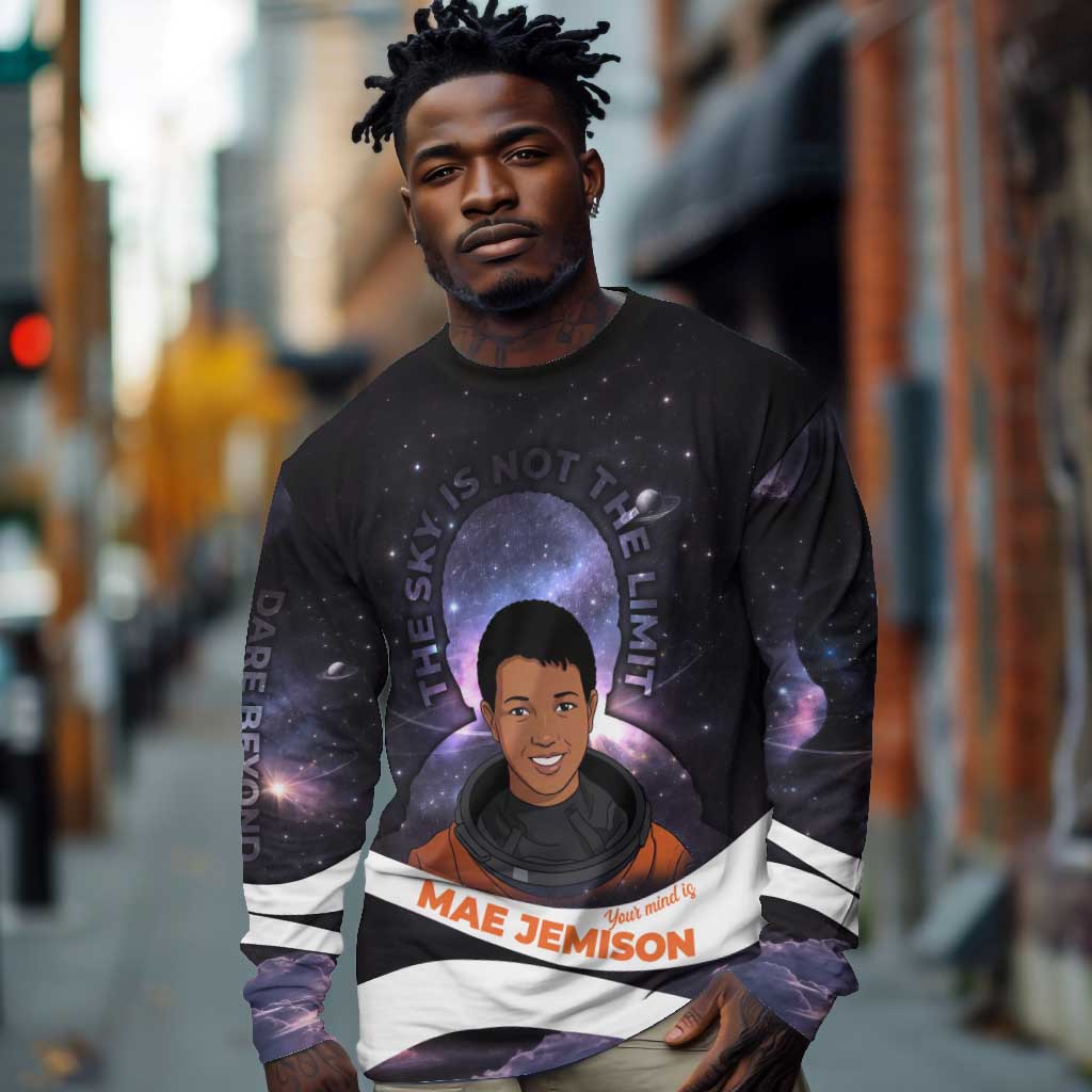 Mae Jemison Long Sleeve Shirt Cartoon Astronaut Portrait, The Sky Is Not the Limit Quote and Galaxy Dreamer - African Pride