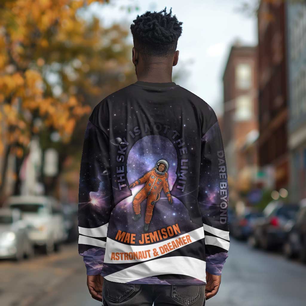 Mae Jemison Long Sleeve Shirt Cartoon Astronaut Portrait, The Sky Is Not the Limit Quote and Galaxy Dreamer - African Pride