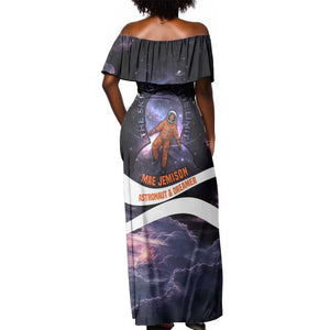 Mae Jemison Off Shoulder Maxi Dress Cartoon Astronaut Portrait, The Sky Is Not the Limit Quote and Galaxy Dreamer - African Pride