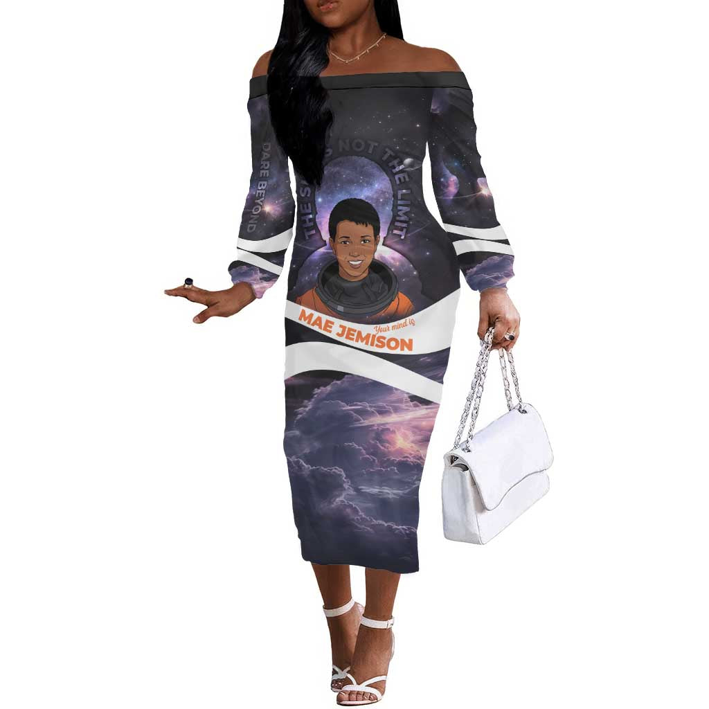 Mae Jemison Off The Shoulder Long Sleeve Dress Cartoon Astronaut Portrait, The Sky Is Not the Limit Quote and Galaxy Dreamer - African Pride