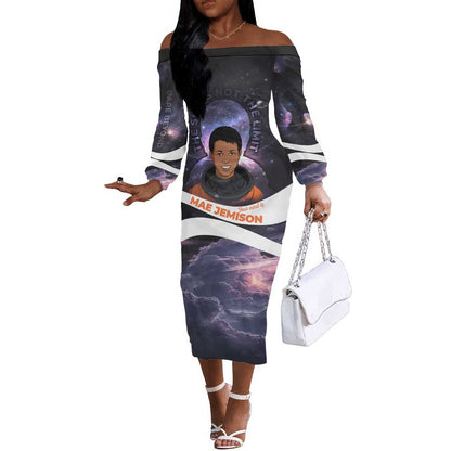 Mae Jemison Off The Shoulder Long Sleeve Dress Cartoon Astronaut Portrait, The Sky Is Not the Limit Quote and Galaxy Dreamer - African Pride