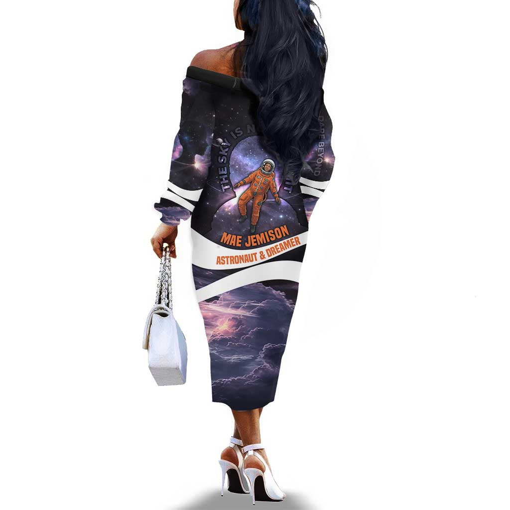 Mae Jemison Off The Shoulder Long Sleeve Dress Cartoon Astronaut Portrait, The Sky Is Not the Limit Quote and Galaxy Dreamer - African Pride
