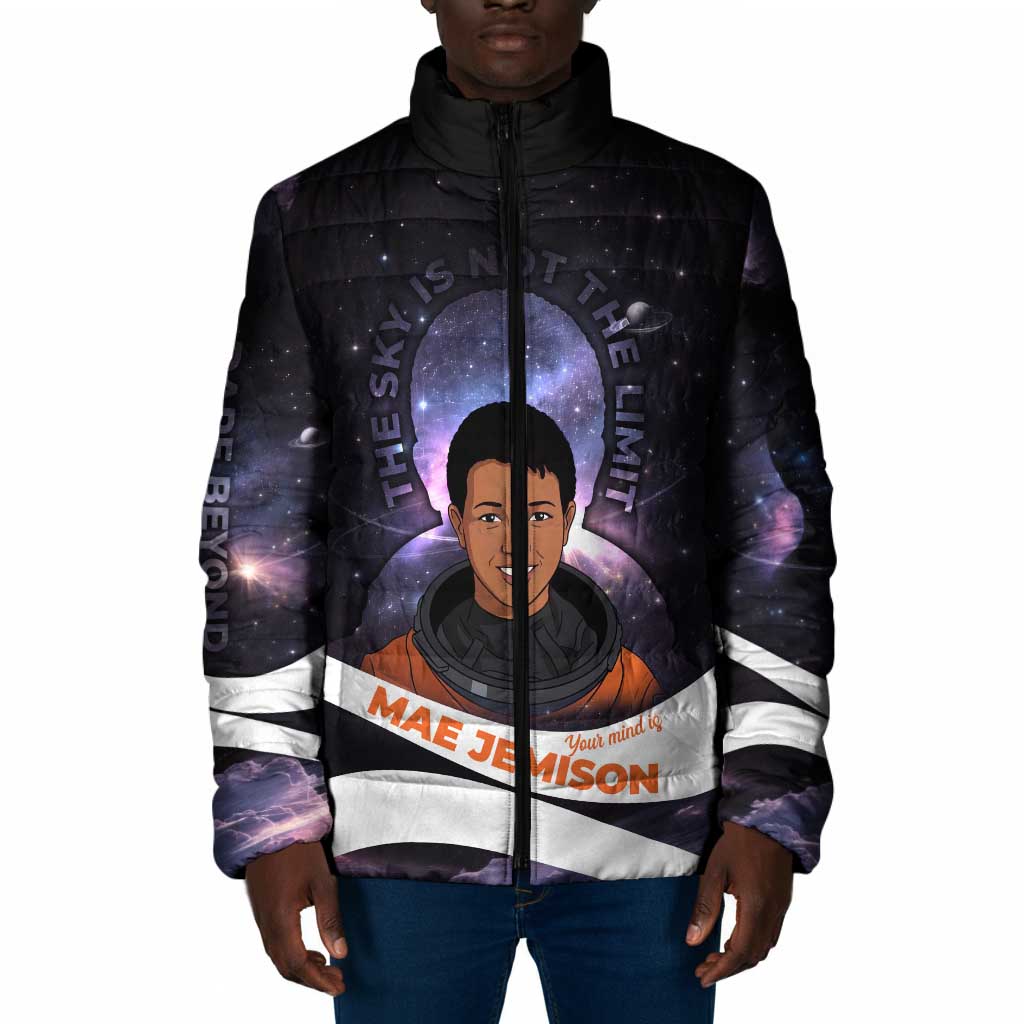 Mae Jemison Padded Jacket Cartoon Astronaut Portrait, The Sky Is Not the Limit Quote and Galaxy Dreamer - African Pride