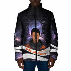 Mae Jemison Padded Jacket Cartoon Astronaut Portrait, The Sky Is Not the Limit Quote and Galaxy Dreamer - African Pride