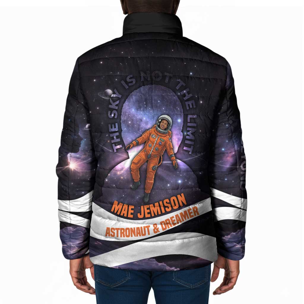Mae Jemison Padded Jacket Cartoon Astronaut Portrait, The Sky Is Not the Limit Quote and Galaxy Dreamer - African Pride