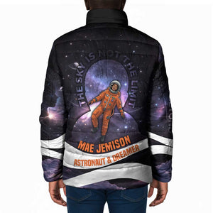 Mae Jemison Padded Jacket Cartoon Astronaut Portrait, The Sky Is Not the Limit Quote and Galaxy Dreamer - African Pride