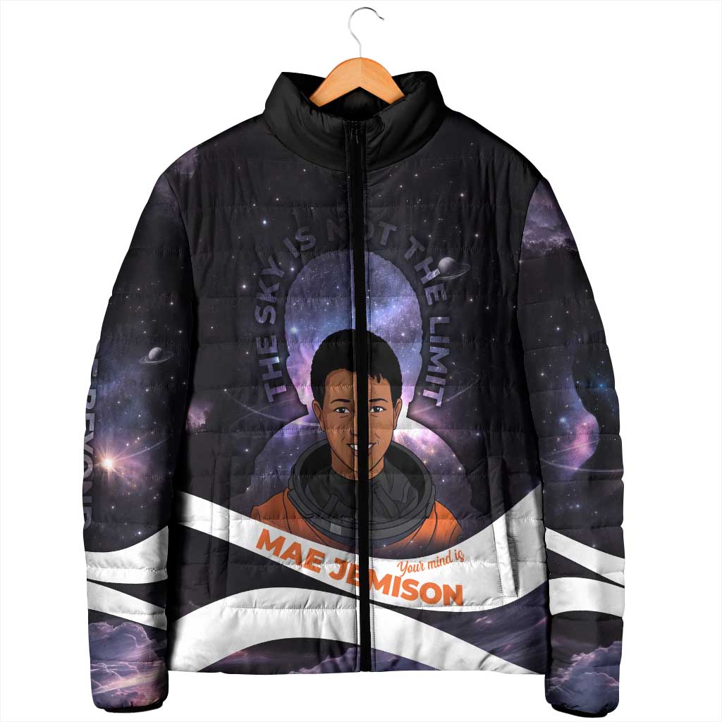 Mae Jemison Padded Jacket Cartoon Astronaut Portrait, The Sky Is Not the Limit Quote and Galaxy Dreamer - African Pride