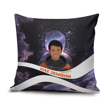 Mae Jemison Pillow Cover Cartoon Astronaut Portrait, The Sky Is Not the Limit Quote and Galaxy Dreamer - African Pride