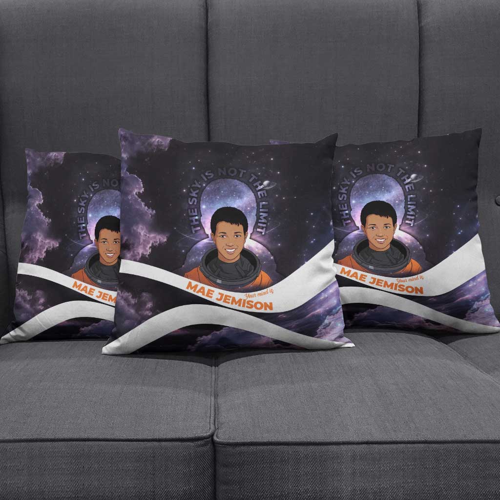 Mae Jemison Pillow Cover Cartoon Astronaut Portrait, The Sky Is Not the Limit Quote and Galaxy Dreamer - African Pride