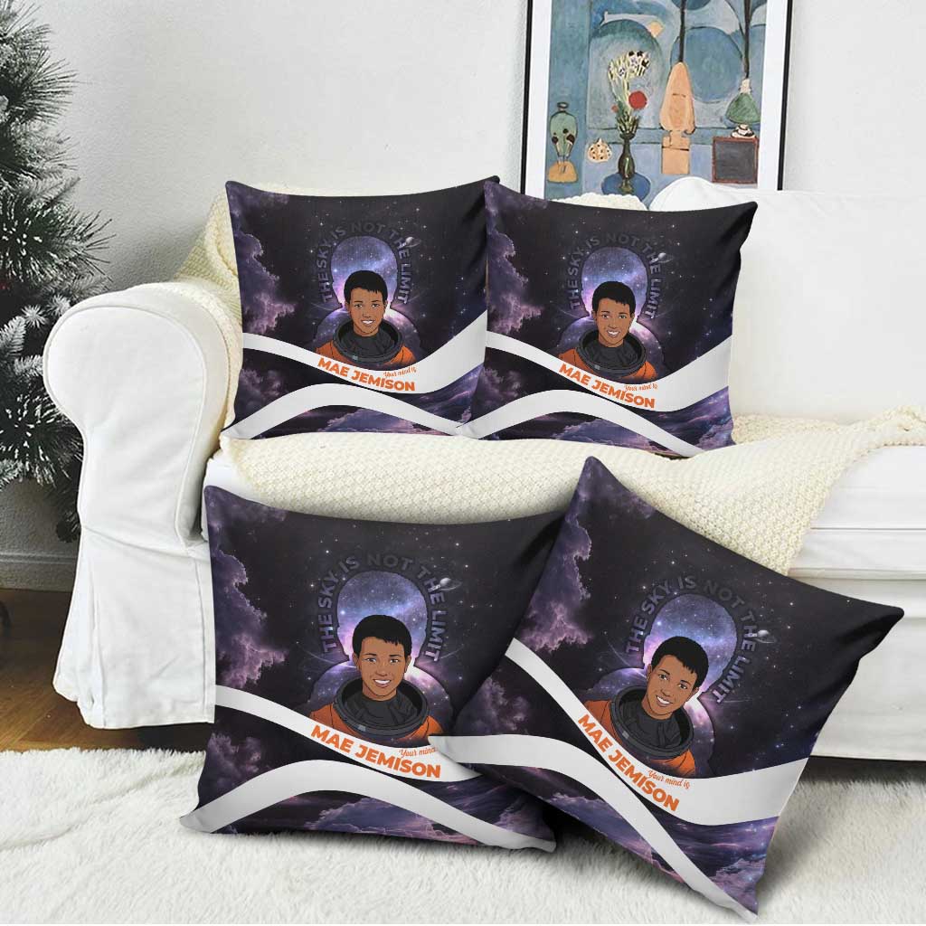 Mae Jemison Pillow Cover Cartoon Astronaut Portrait, The Sky Is Not the Limit Quote and Galaxy Dreamer - African Pride