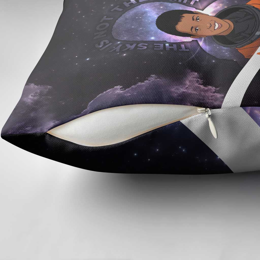 Mae Jemison Pillow Cover Cartoon Astronaut Portrait, The Sky Is Not the Limit Quote and Galaxy Dreamer - African Pride