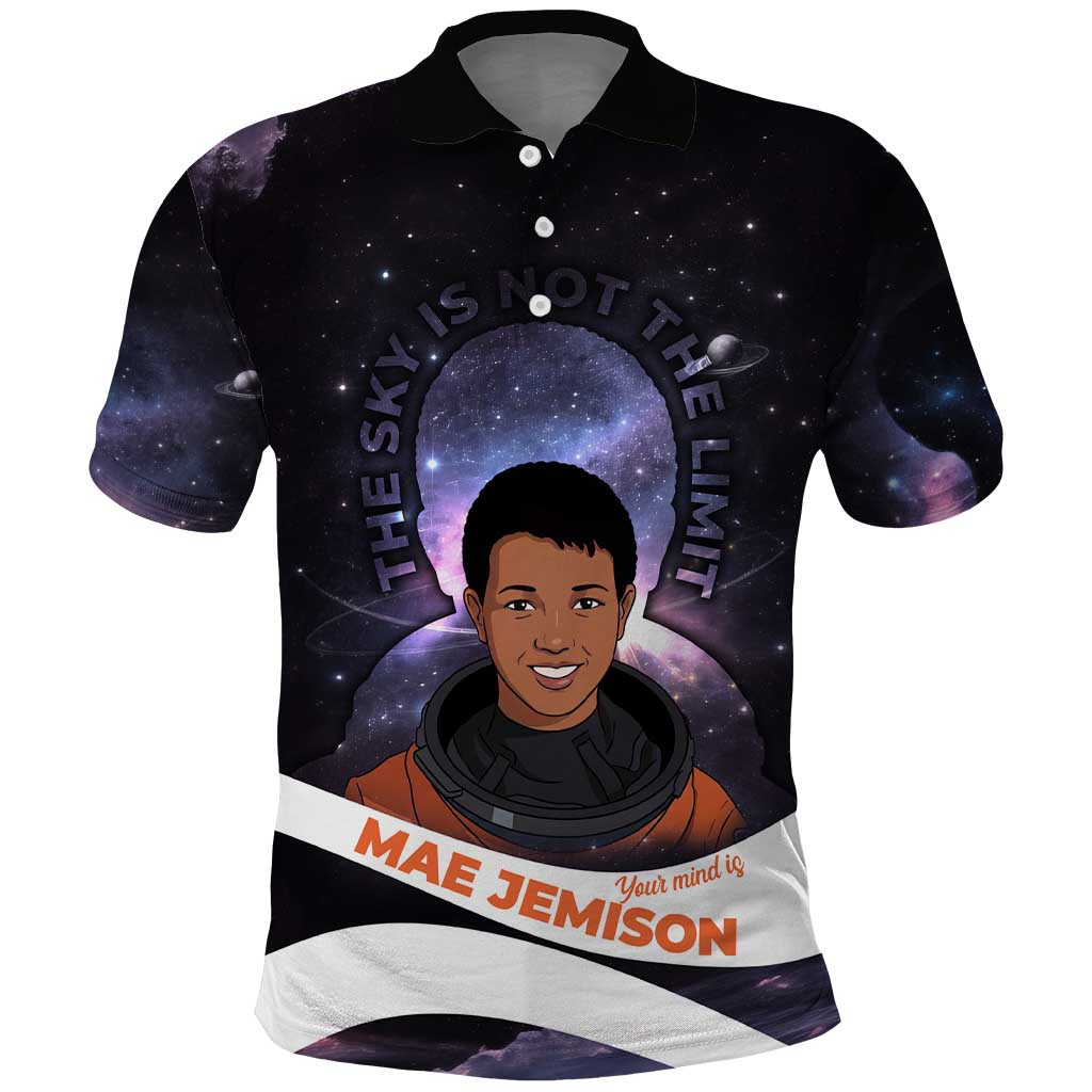 Mae Jemison Polo Shirt Cartoon Astronaut Portrait, The Sky Is Not the Limit Quote and Galaxy Dreamer - African Pride