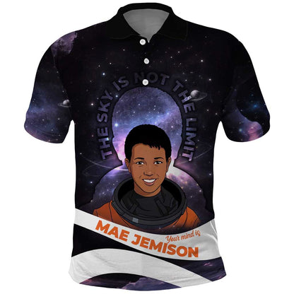 Mae Jemison Polo Shirt Cartoon Astronaut Portrait, The Sky Is Not the Limit Quote and Galaxy Dreamer - African Pride